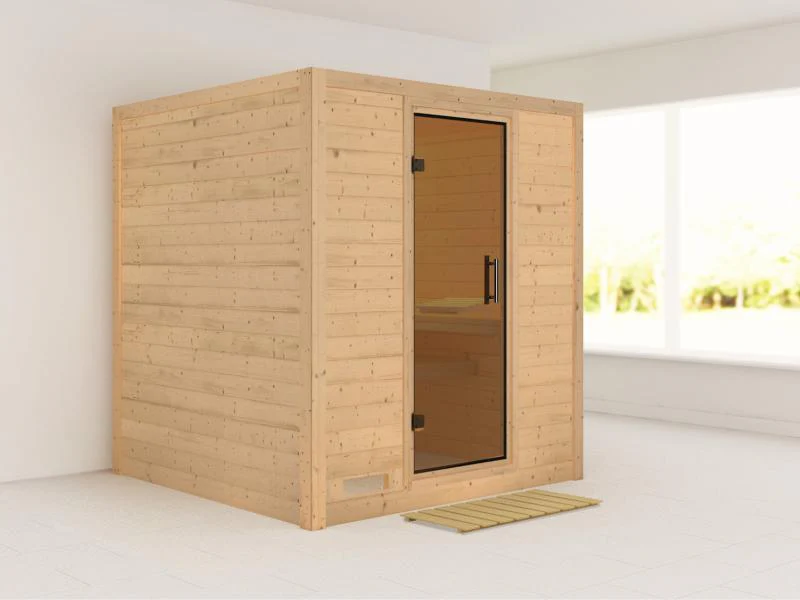 Karibu Sauna Mojave ohne Ofen, ohne Dachkranz, mit moderner Saunatür