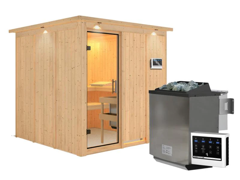 Karibu Sauna Rodin inkl. 9 kW Bio Ofen mit ext. Steuerung, mit Dachkranz, mit Klarglas Ganzglastür - Image 2