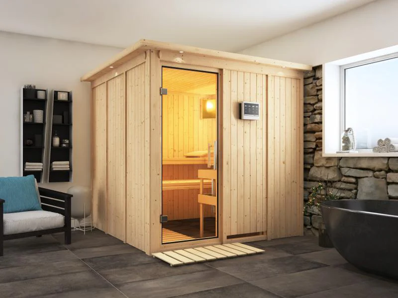 Karibu Sauna Rodin inkl. 9 kW Bio Ofen mit ext. Steuerung, mit Dachkranz, mit Klarglas Ganzglastür - Image 4