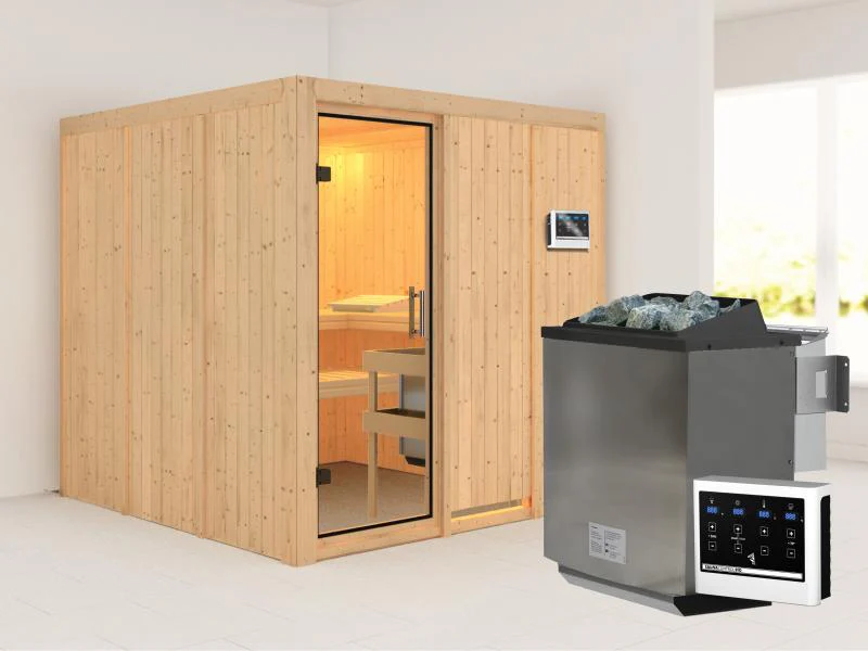 Karibu Sauna Rodin inkl. 9 kW Bio Ofen mit ext. Steuerung, ohne Dachkranz, mit Klarglas Ganzglastür
