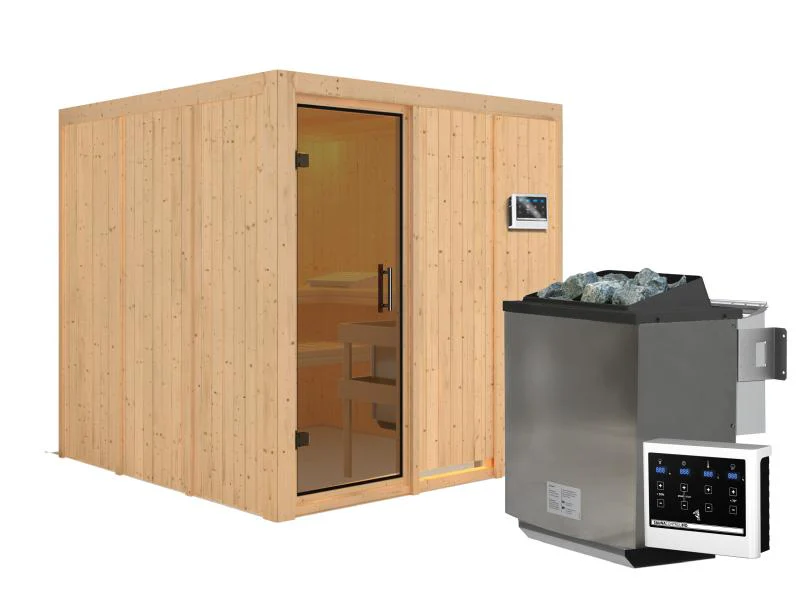 Karibu Sauna Rodin inkl. 9-kW-Bioofen mit externer Steuerung, ohne Dachkranz, mit moderner Saunatür - Image 2