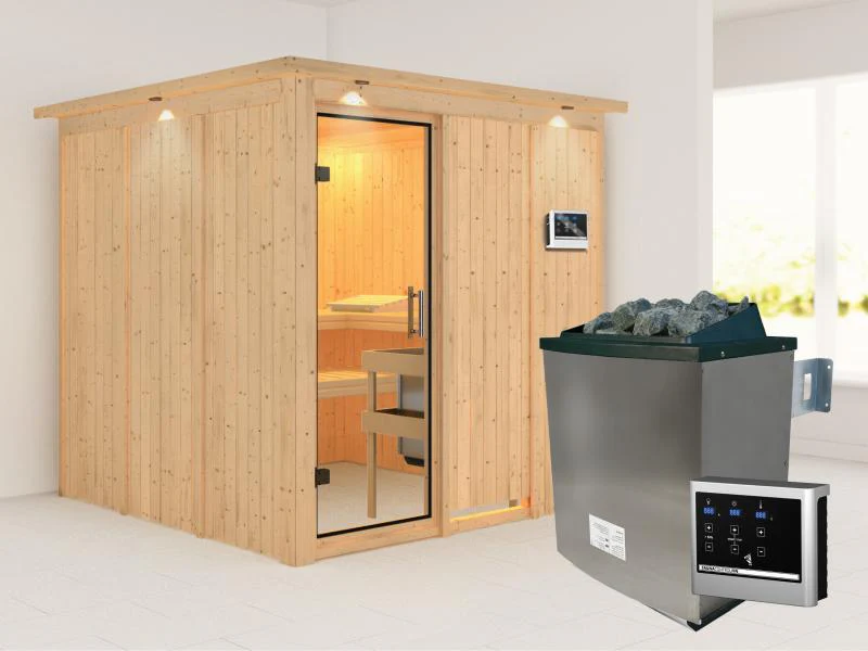 Karibu Sauna Rodin inkl. 9 kW Ofen mit ext. Steuerung, mit Dachkranz, mit Klarglas Ganzglastür