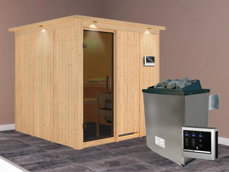 Karibu Sauna Rodin inkl. 9-kW-Ofen mit externer Steuerung, mit Dachkranz, mit moderner Saunatür - Image 2