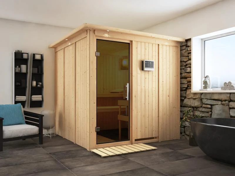 Karibu Sauna Rodin inkl. 9-kW-Ofen mit externer Steuerung, mit Dachkranz, mit moderner Saunatür - Image 4