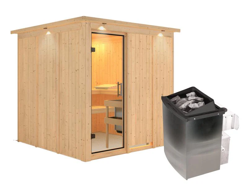 Karibu Sauna Rodin inkl. 9 kW Ofen mit int. Steuerung, mit Dachkranz, mit Klarglas Ganzglastür - Image 2