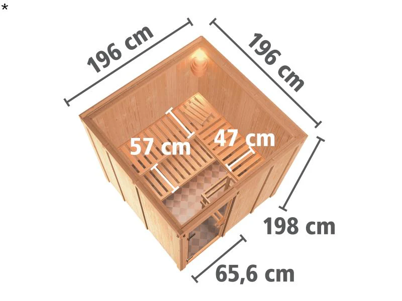 Karibu Sauna Rodin inkl. 9 kW Ofen mit int. Steuerung, ohne Dachkranz, mit Klarglas Ganzglastür - Image 3