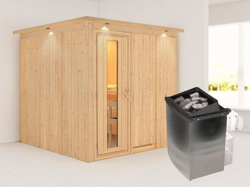 Karibu Sauna Rodin inkl. 9-kW-Ofen mit interner Steuerung, mit Dachkranz, mit energiesparender Sauna