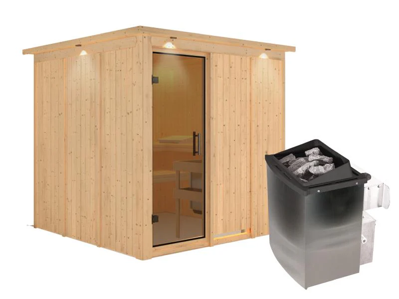 Karibu Sauna Rodin inkl. 9-kW-Ofen mit interner Steuerung, mit Dachkranz, mit moderner Saunatür - Image 2