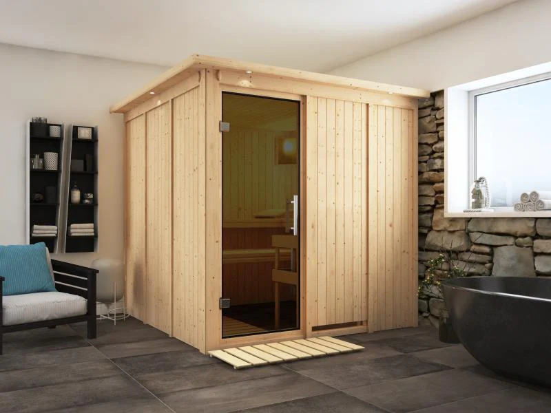 Karibu Sauna Rodin inkl. 9-kW-Ofen mit interner Steuerung, mit Dachkranz, mit moderner Saunatür - Image 4