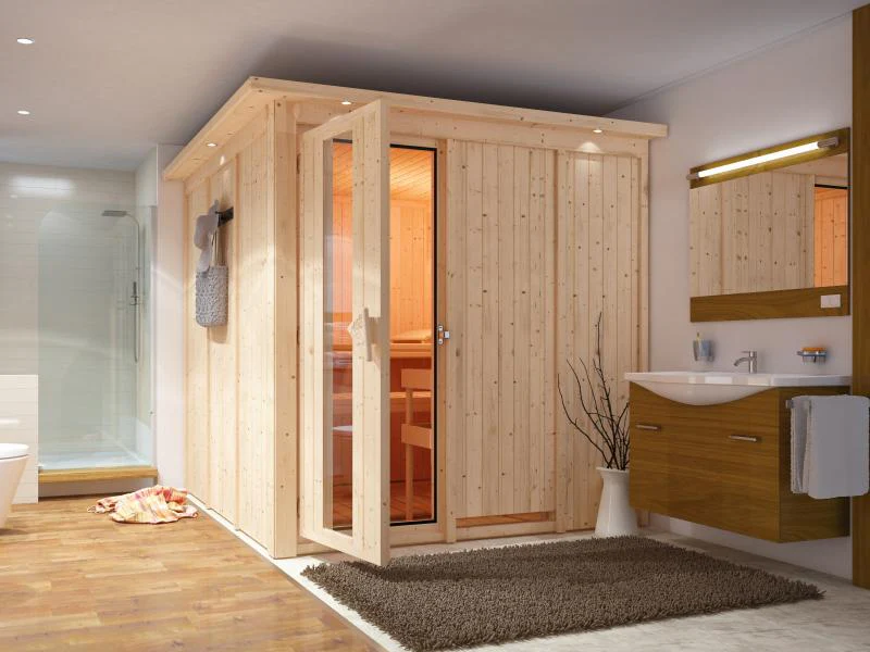 Karibu Sauna Rodin ohne Ofen, mit Dachkranz, mit energiesparender Saunatür