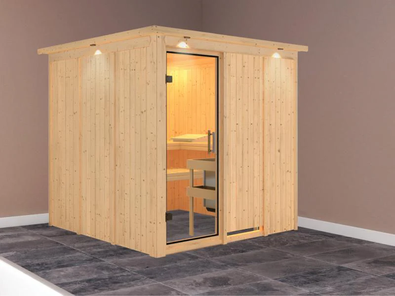 Karibu Sauna Rodin ohne Ofen, mit Dachkranz, mit Klarglas Ganzglastür - Image 2