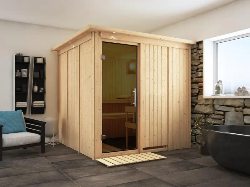 Karibu Sauna Rodin ohne Ofen, mit Dachkranz, mit moderner Saunatür