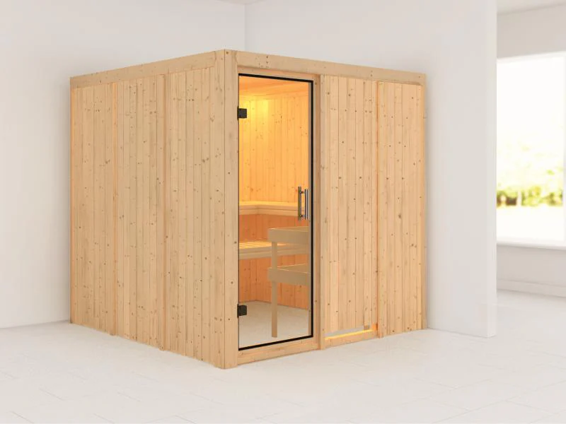 Karibu Sauna Rodin ohne Ofen, ohne Dachkranz, mit Klarglas Ganzglastür
