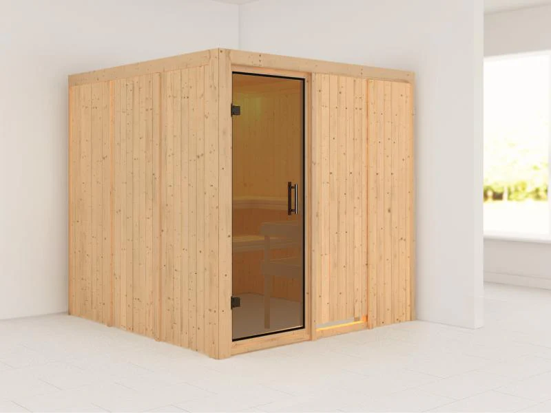 Karibu Sauna Rodin ohne Ofen, ohne Dachkranz, mit moderner Saunatür