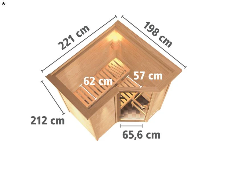 Karibu Sauna Sahib 1 inkl. 9 kW Bioofen ext. Steuerung, mit energiesparender Saunatür -mit Dachkranz - Image 3