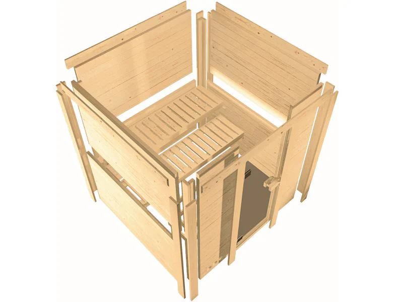 Karibu Sauna Sahib 1 inkl. 9 kW Bioofen ext. Steuerung, mit energiesparender Saunatür -mit Dachkranz - Image 9