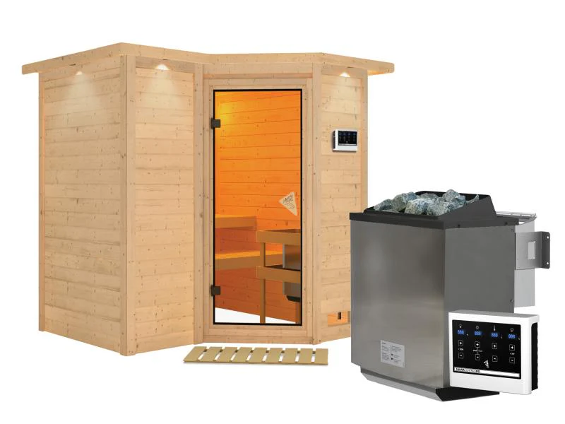 Karibu Sauna Sahib 1 inkl. 9 kW Bioofen ext. Steuerung, mit klassischer Saunatür -mit Dachkranz- - Image 2