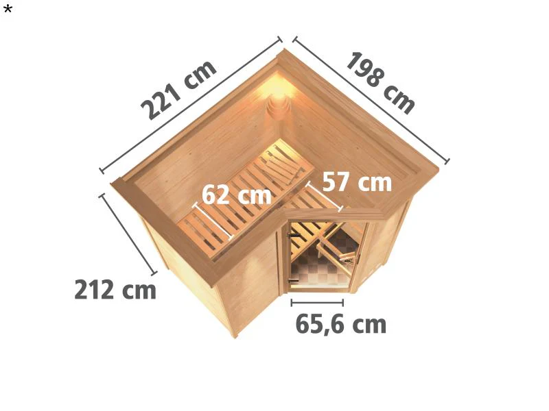 Karibu Sauna Sahib 1 inkl. 9 kW Bioofen ext. Steuerung, mit moderner Saunatür -mit Dachkranz- - Image 3