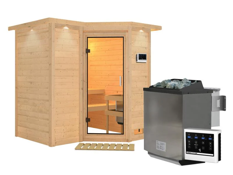 Karibu Sauna Sahib 1 inkl. 9 kW Bioofen mit ext. Steuerung, mit Klarglas-Ganzglastür -mit Dachkranz- - Image 2
