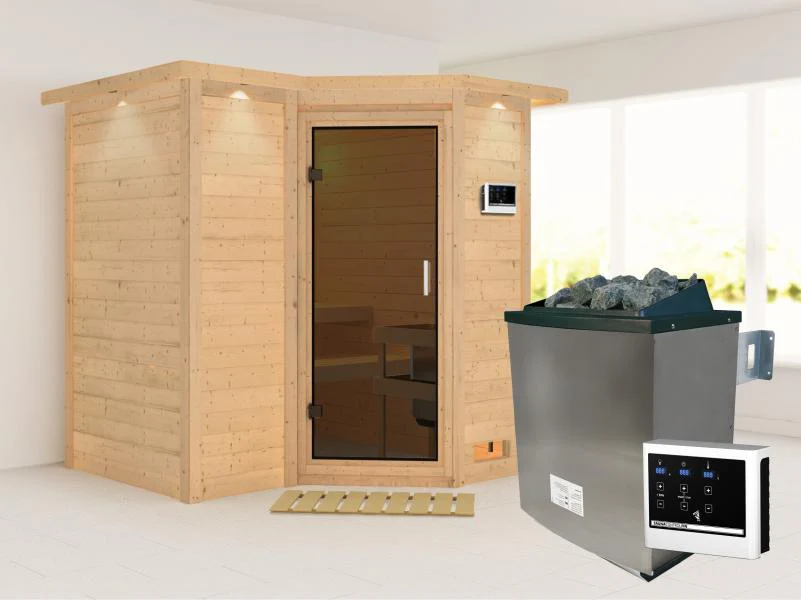 Karibu Sauna Sahib 1 inkl. 9 kW Ofen ext. Steuerung, mit moderner Saunatür, -mit Dachkranz-