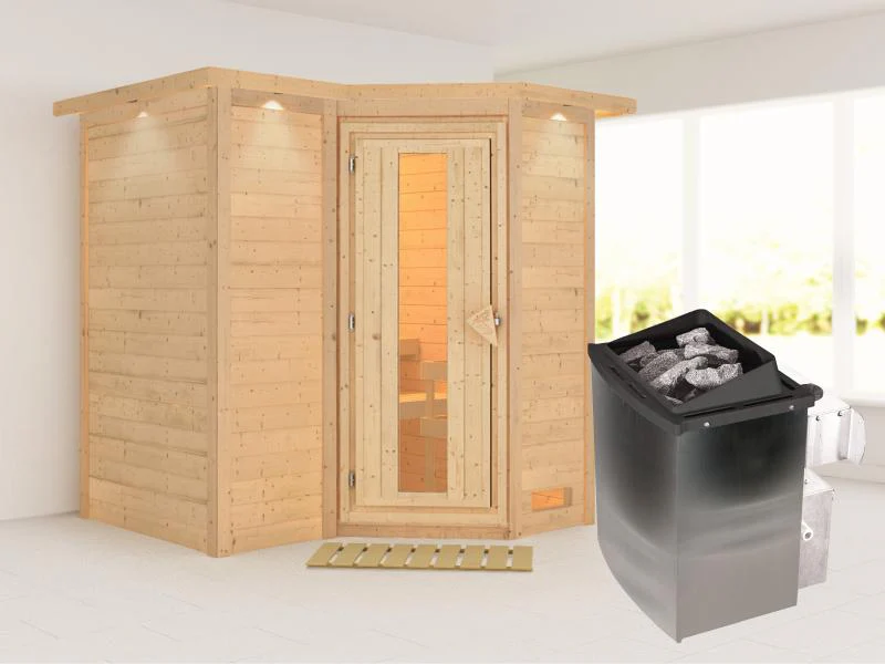 Karibu Sauna Sahib 1 inkl. 9 kW Ofen integr. Steuerung, mit energiesparender Saunatür -mit Dachkranz