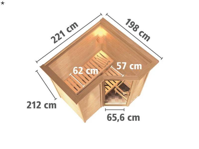 Karibu Sauna Sahib 1 inkl. 9 kW Ofen integr. Steuerung, mit energiesparender Saunatür -mit Dachkranz - Image 3