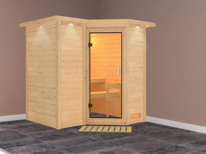 Karibu Sauna Sahib 1 ohne Ofen, mit Klarglas-Ganzglastür -mit Dachkranz- - Image 2