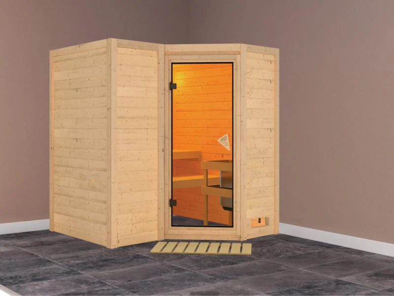 Karibu Sauna Sahib 1,ohne Ofen, mit klassicher Saunatür -ohne Dachkranz-