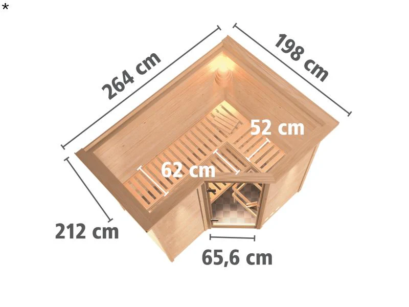 Karibu Sauna Sahib 2 inkl. 9 kW Bio Ofen mit ext. Steuerung, mit Dachkranz, mit Klarglas Ganzglastür - Image 3