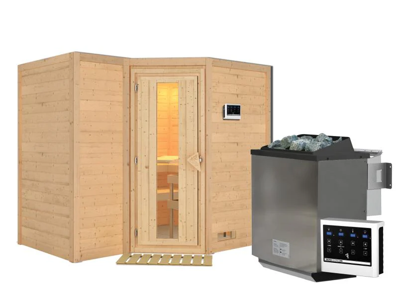 Karibu Sauna Sahib 2 inkl. 9-kW-Bioofen mit externer Steuerung, ohne Dachkranz, mit energiesparender - Image 2