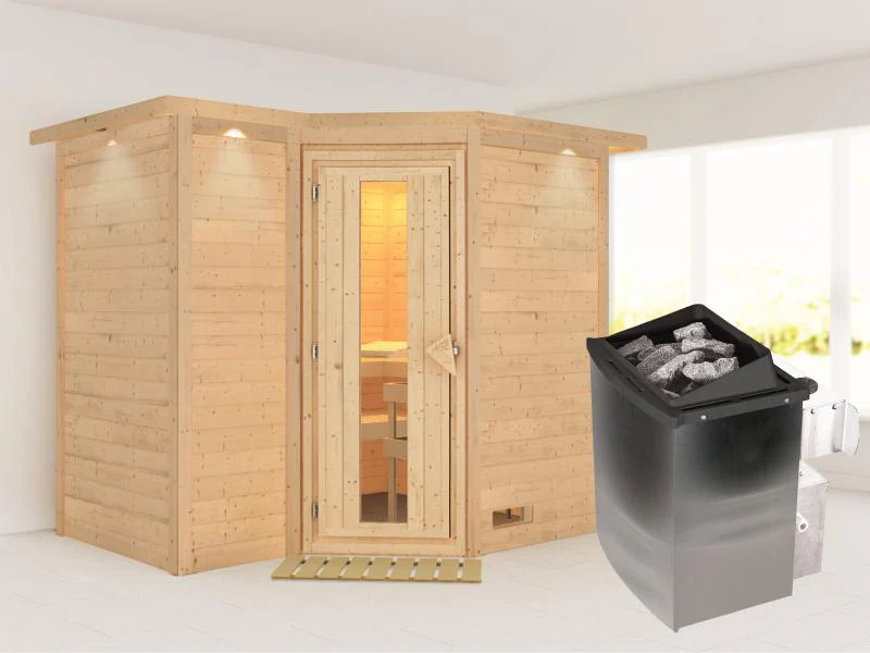 Karibu Sauna Sahib 2 inkl. 9-kW-Ofen mit interner Steuerung, mit Dachkranz, mit energiesparender Sau
