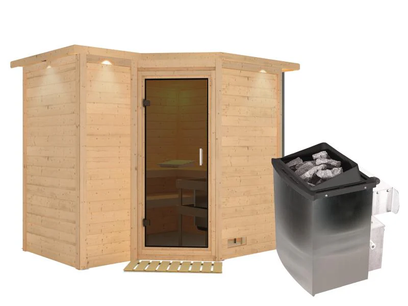 Karibu Sauna Sahib 2 inkl. 9-kW-Ofen mit interner Steuerung, mit Dachkranz, mit moderner Saunatür - Image 2