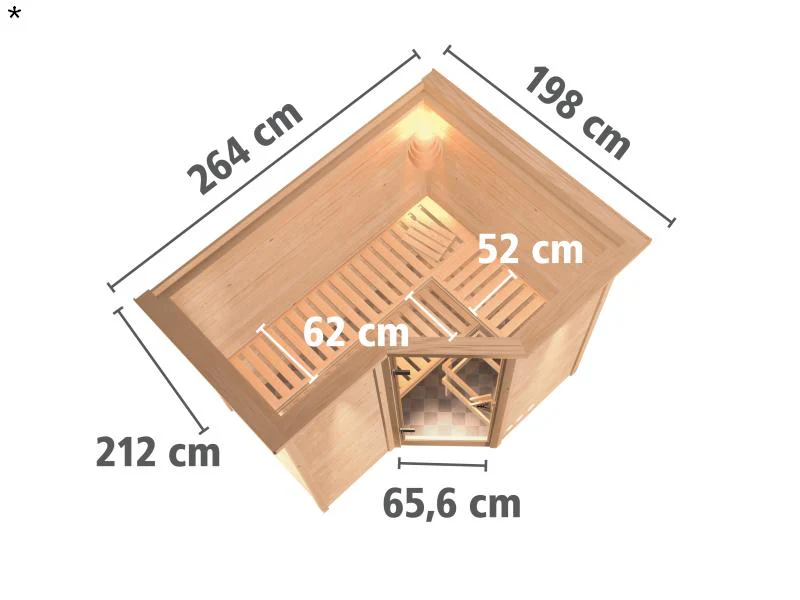 Karibu Sauna Sahib 2 inkl. 9-kW-Ofen mit interner Steuerung, mit Dachkranz, mit moderner Saunatür - Image 3