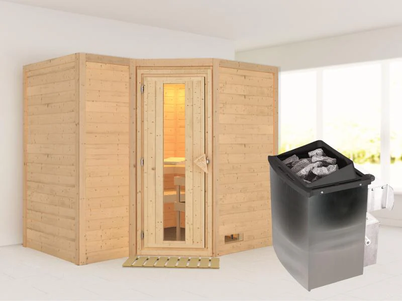 Karibu Sauna Sahib 2 inkl. 9-kW-Ofen mit interner Steuerung, ohne Dachkranz, mit energiesparender Sa