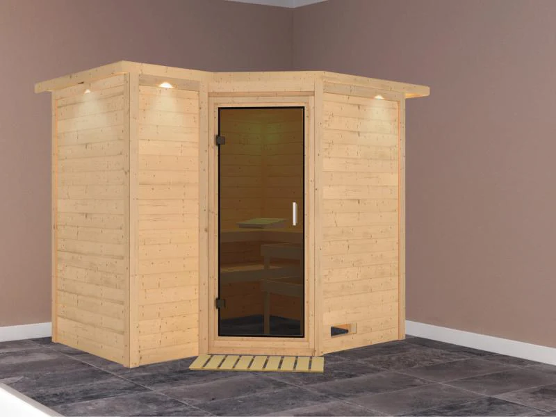 Karibu Sauna Sahib 2 ohne Ofen, mit Dachkranz, mit moderner Saunatür - Image 2