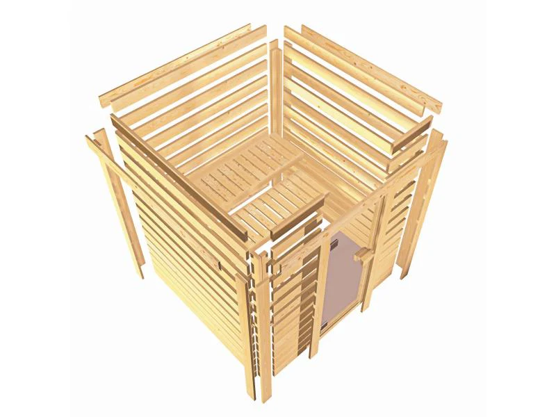 Karibu Sauna Sandra inkl. 9 kW Ofen ext. Steuerung mit klassischer Saunatür -mit Dachkranz- - Image 10