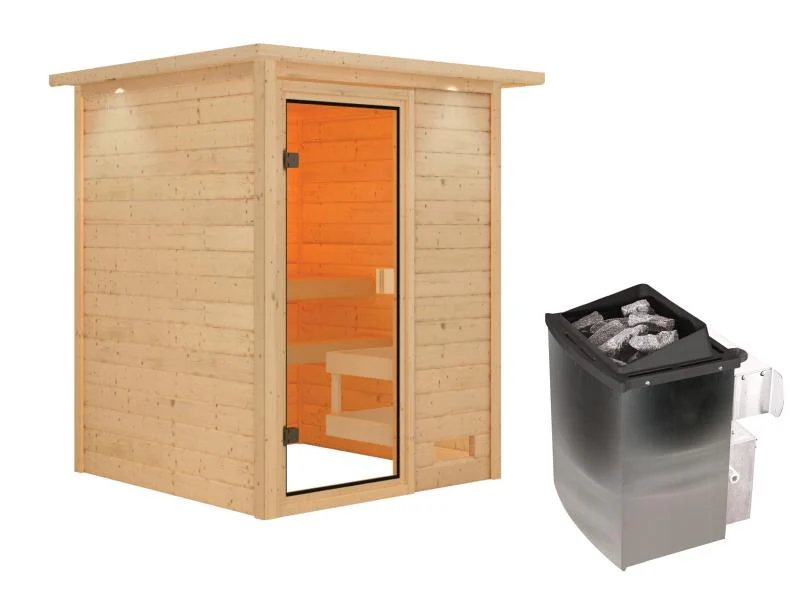 Karibu Sauna Sandra inkl. 9 kW Ofen integr. Steuerung, mit klassicher Tür -mit Dachkranz- - Image 2