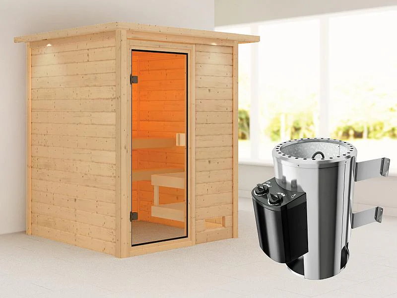 Karibu Sauna Sandra mit 3,6 kW Ofen integr. Strg und Dachkranz 38 mm