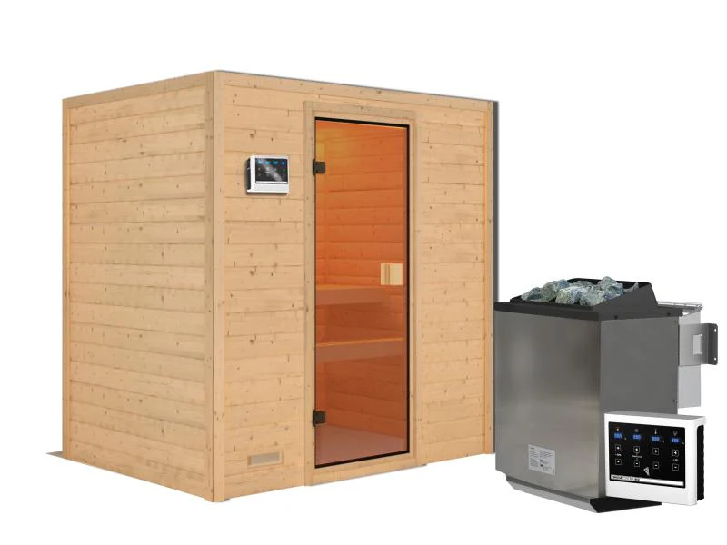 Karibu Sauna Selena inkl. 9 kW Bioofen ext. Steuerung mit klassischer Saunatür -ohne Dachkranz- - Image 2