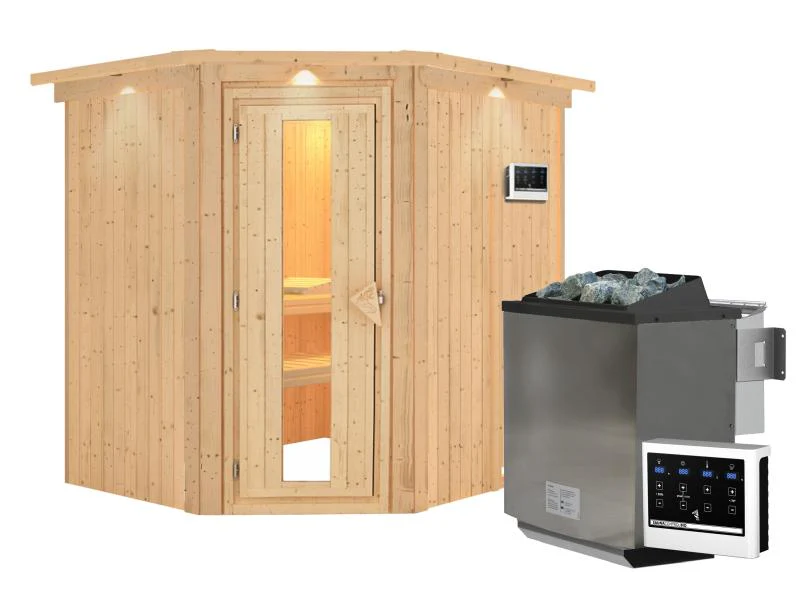 Karibu Sauna Siirin inkl. 9 kW Bioofen ext. Steuerung mit energiesparender Saunatür -mit Dachkranz- - Image 2