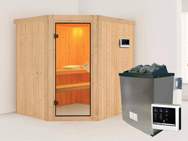 Karibu Sauna Siirin inkl. 9 kW Ofen ext. Steuerung mit klassischer Saunatür - ohne Dachkranz -