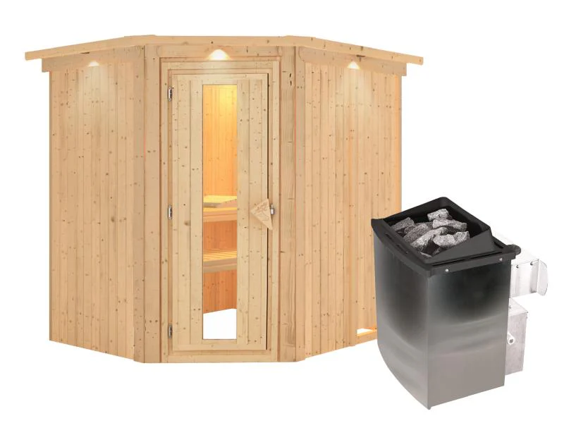 Karibu Sauna Siirin inkl. 9 kW Ofen integr. Steuerung mit energiesparender Saunatür - mit Dachkranz - Image 2