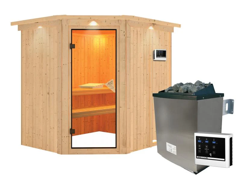 Karibu Sauna Siirin inkl. 9 kW Ofen ext. Steuerung mit klassischer Saunatür - mit Dachkranz - - Image 2