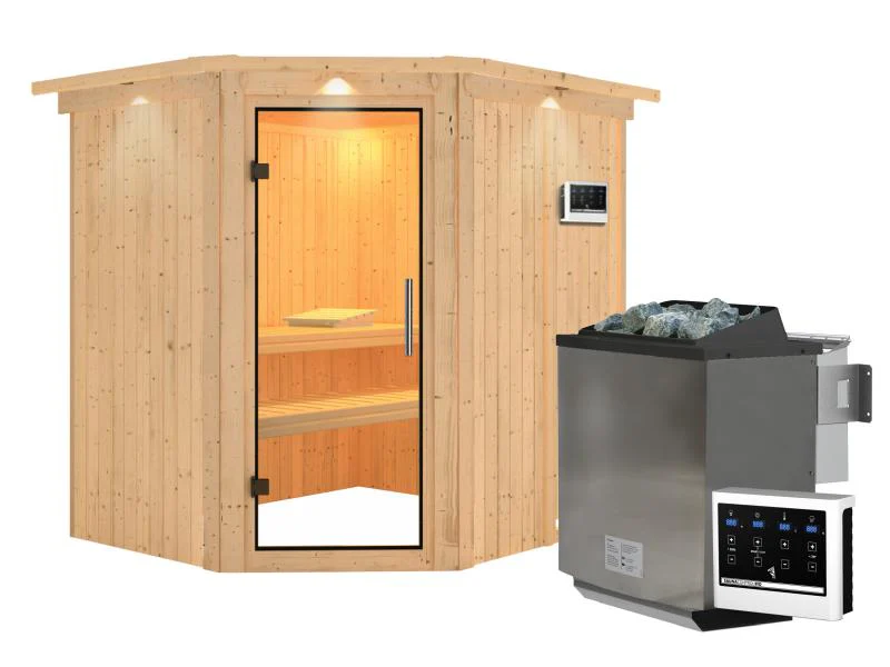 Karibu Sauna Siirin inkl. 9kW Bioofen ext. Steuerung mit Klarglas Ganzglastür -mit Dachkranz- - Image 2