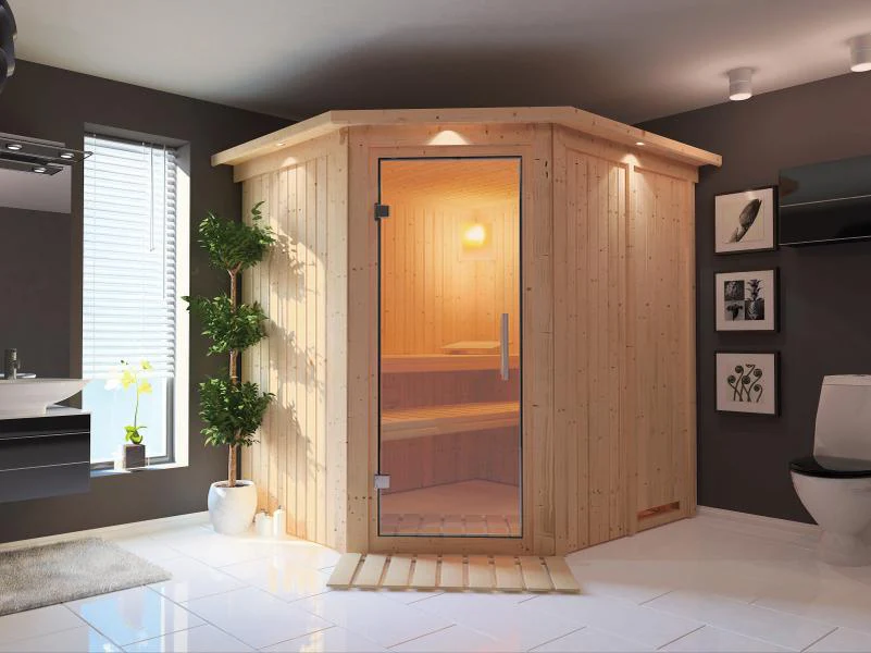 Karibu Sauna Siirin ohne Ofen, mit Dachkranz, mit Klarglas Ganzglastür