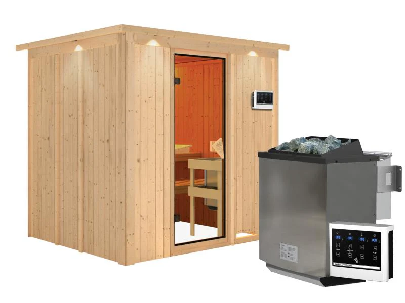 Karibu Sauna Sodin inkl. 9 kW Bioofen ext. Steuerung mit bronzierter Ganzglastür - mit Dachkranz - - Image 4