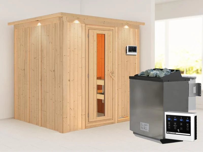Karibu Sauna Sodin inkl. 9 kW Bioofen ext. Steuerung mit energiesparender Saunatür - mit Dachkranz -