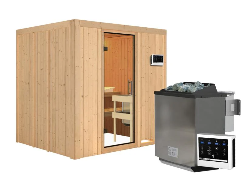 Karibu Sauna Sodin inkl. 9 kW Bioofen ext. Steuerung mit Klarglas Ganzglastür - ohne Dachkranz - - Image 4