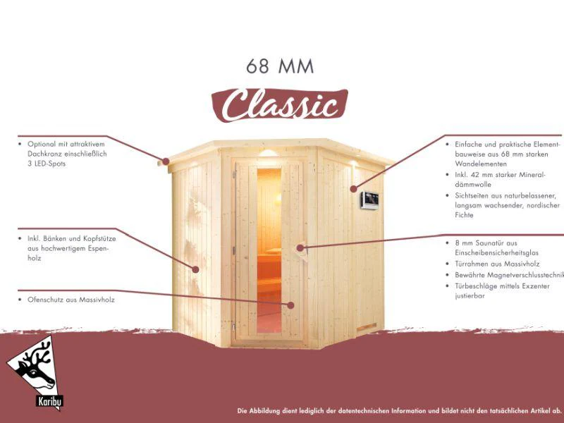 Karibu Sauna Sodin inkl. 9 kW Bioofen ext. Steuerung mit moderner Saunatür - mit Dachkranz - - Image 3