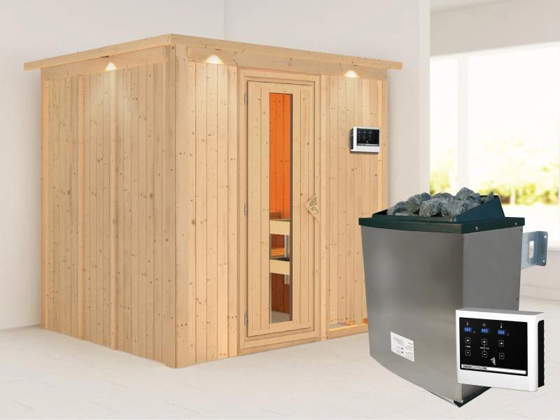 Karibu Sauna Sodin inkl. 9 kW Ofen ext. Steuerung mit energiesparender Saunatür - mit Dachkranz -